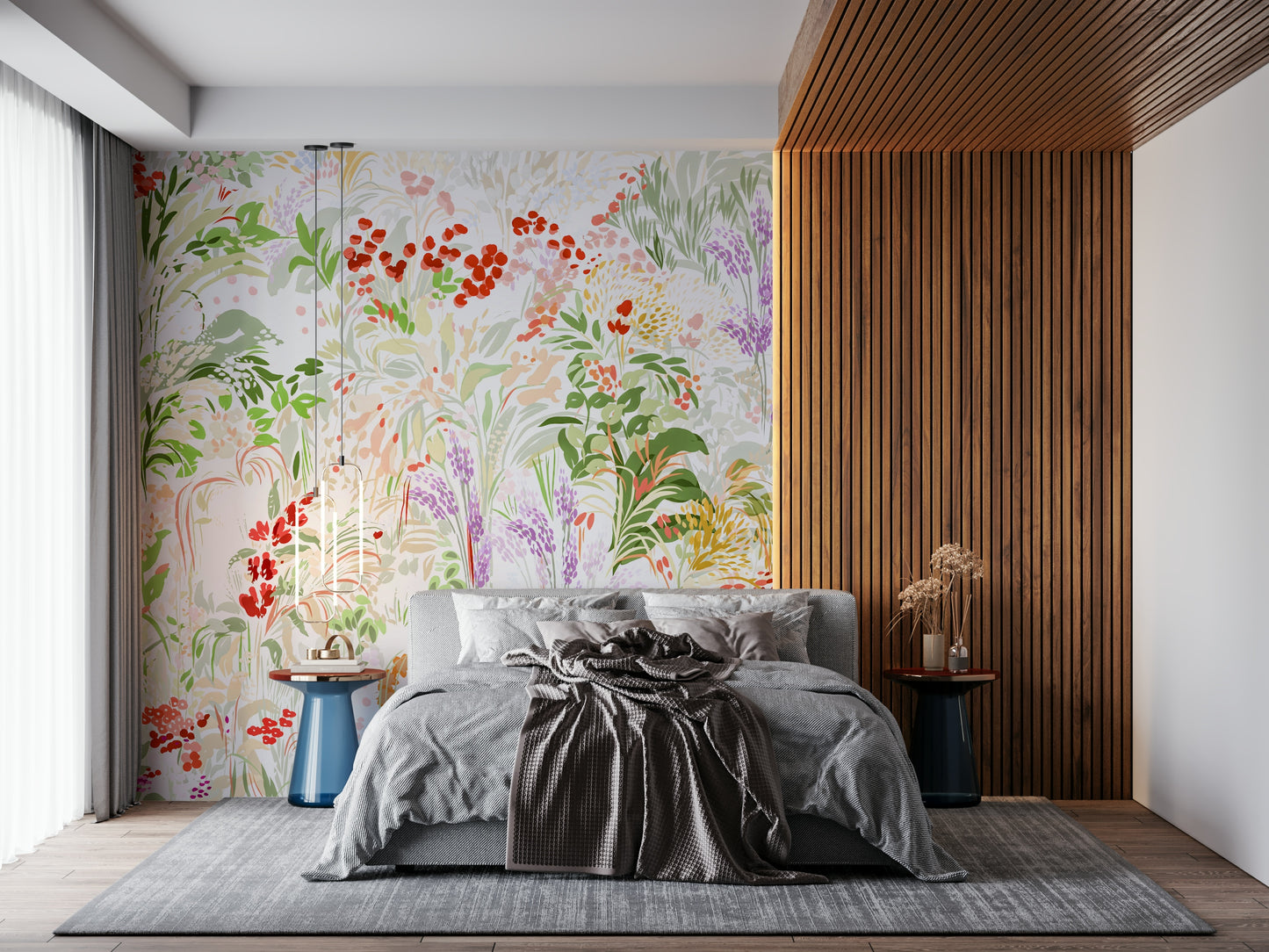 Sun-drenched rambling floral vista  Meadow wallpaper mural.