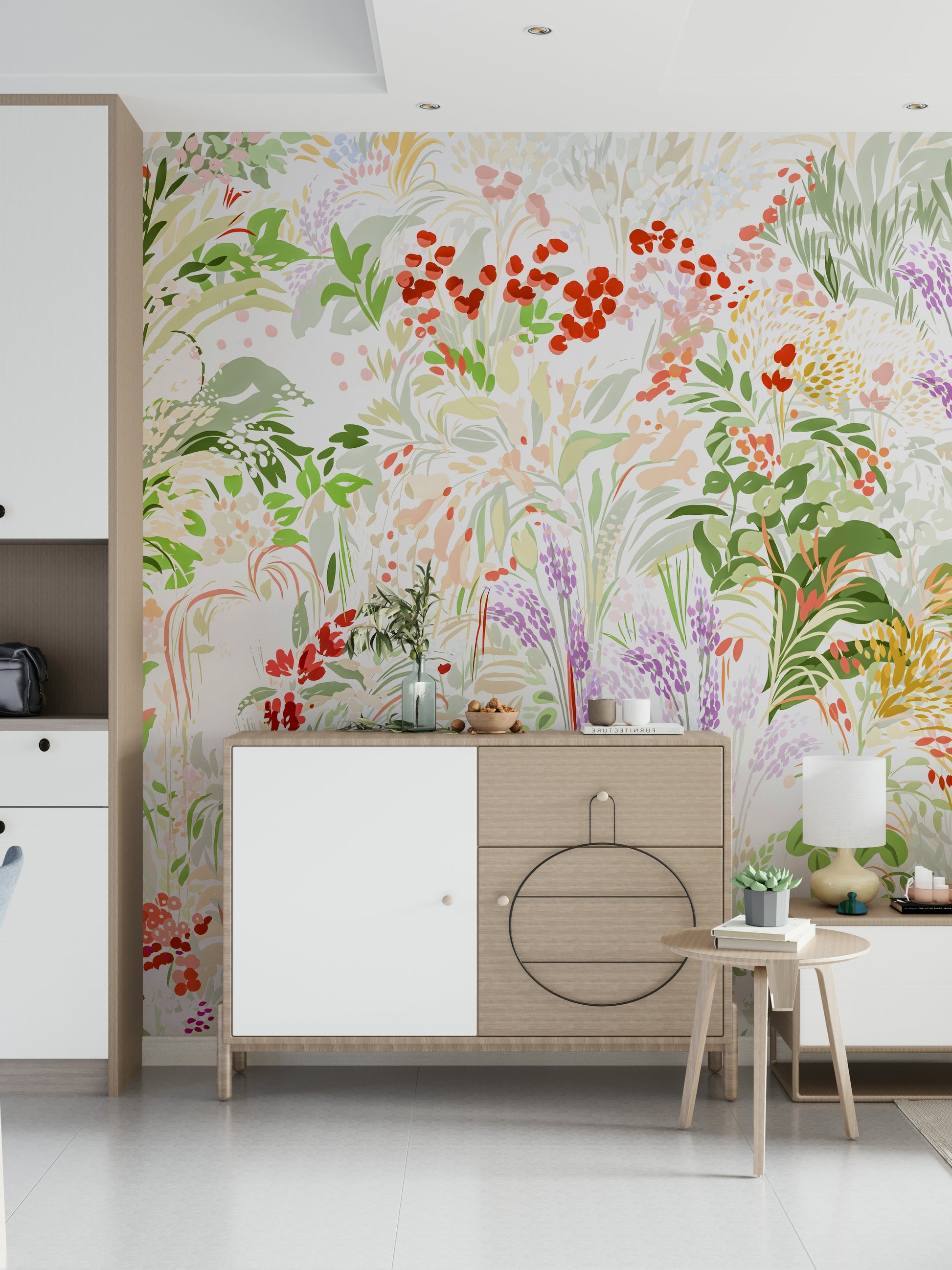 Iridescent sylvan repose wallpaper for walls, Painterly Meadow.