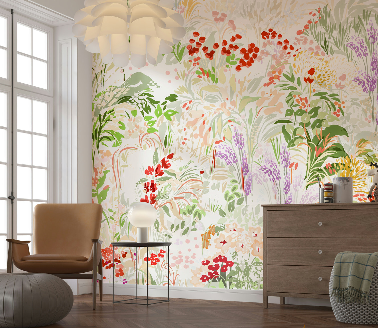 Whimsical wall mural of verdant meadow, Painterly Meadow.