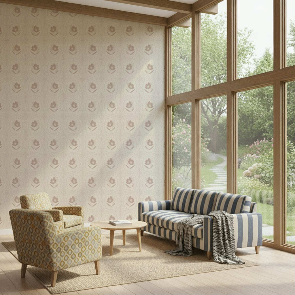 Dainty pink, scrambly trellis, sloshy background, Subtle Floral Serenity.