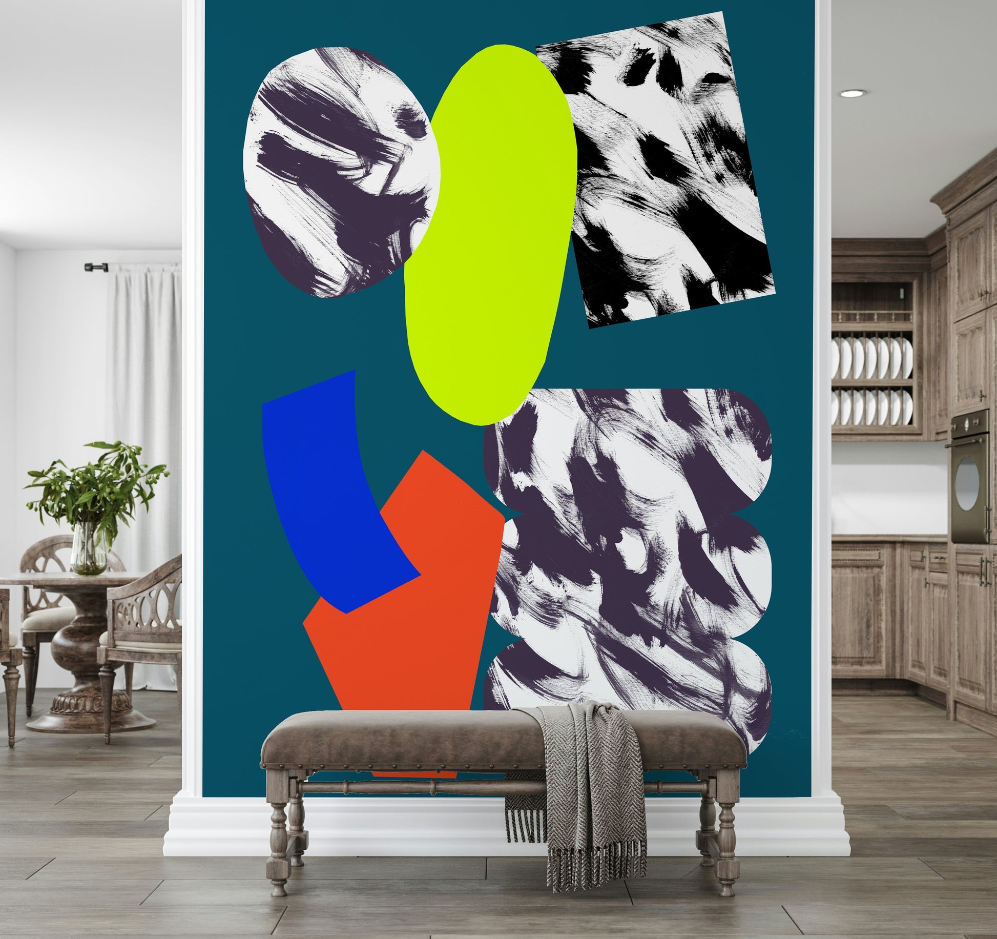 Wiggly mauve ovals, stark black strokes, All i feel wall mural art.