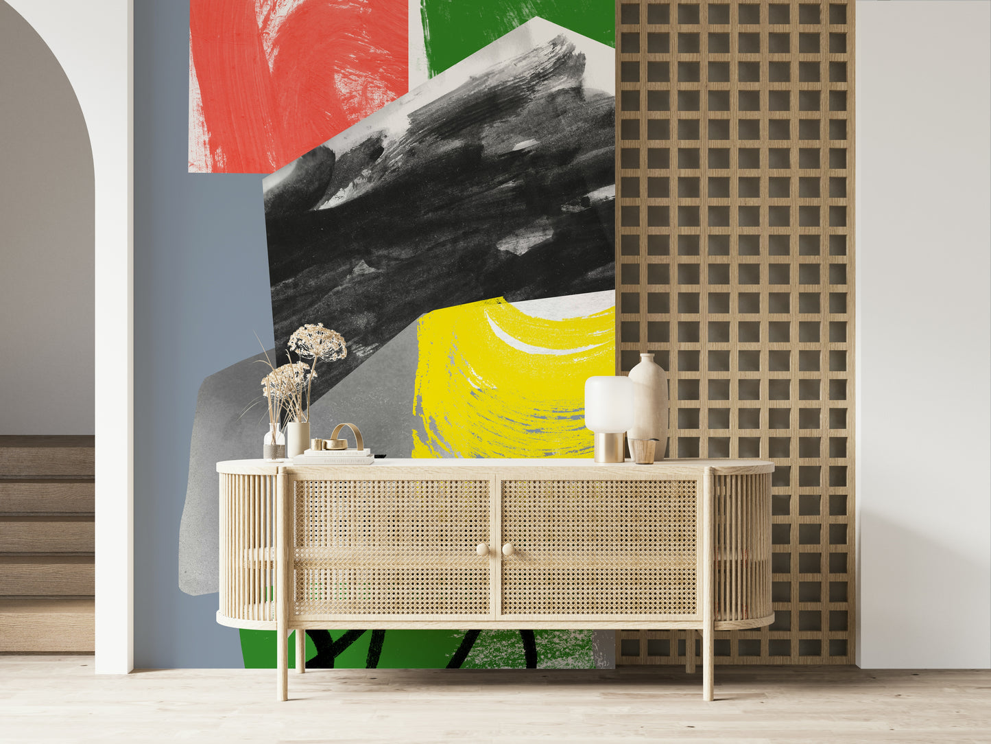 Peel and stick wallpaper, Redbluegreenyellow, spontaneous paint swipes.