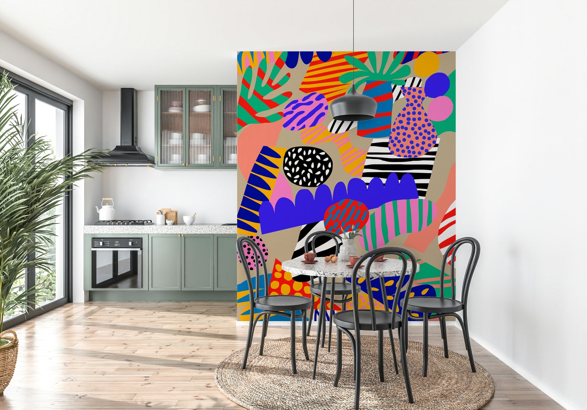 Vivid Jungle Jive mural, clashing stripes, dotty shapes.
