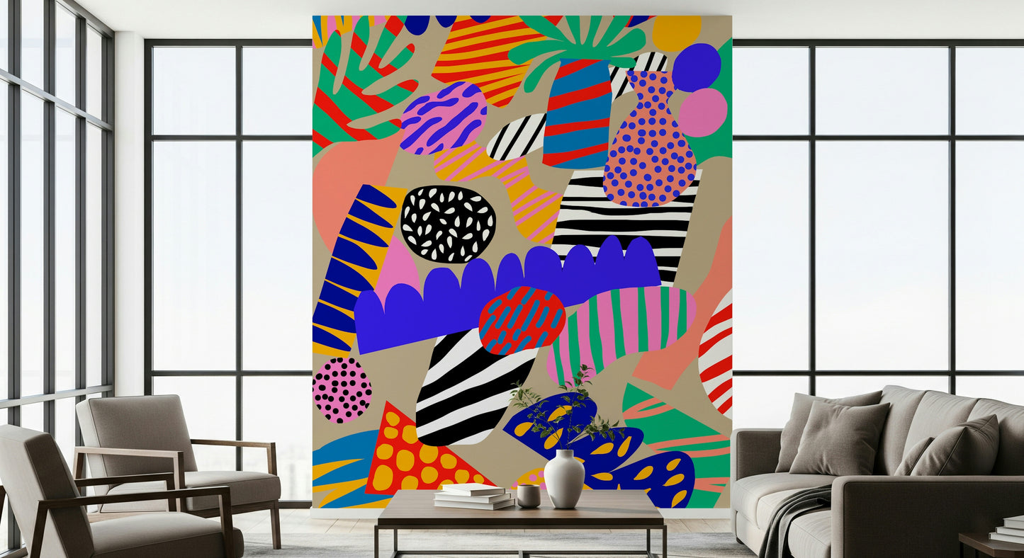 Whimsical Jungle Jive Wall Mural, exuberant colors, flamboyant shapes.