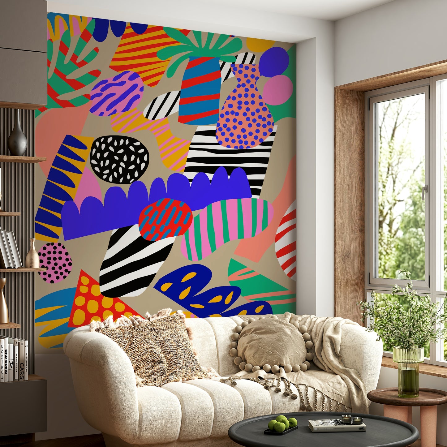 Peel and stick wallpaper, bizarre botanical chaos, Jungle Jive design.