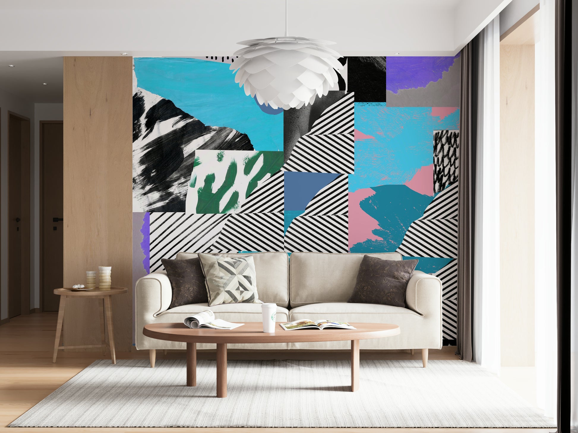 Rambunctious Melting Strips Wall Mural pattern, striking black and white.