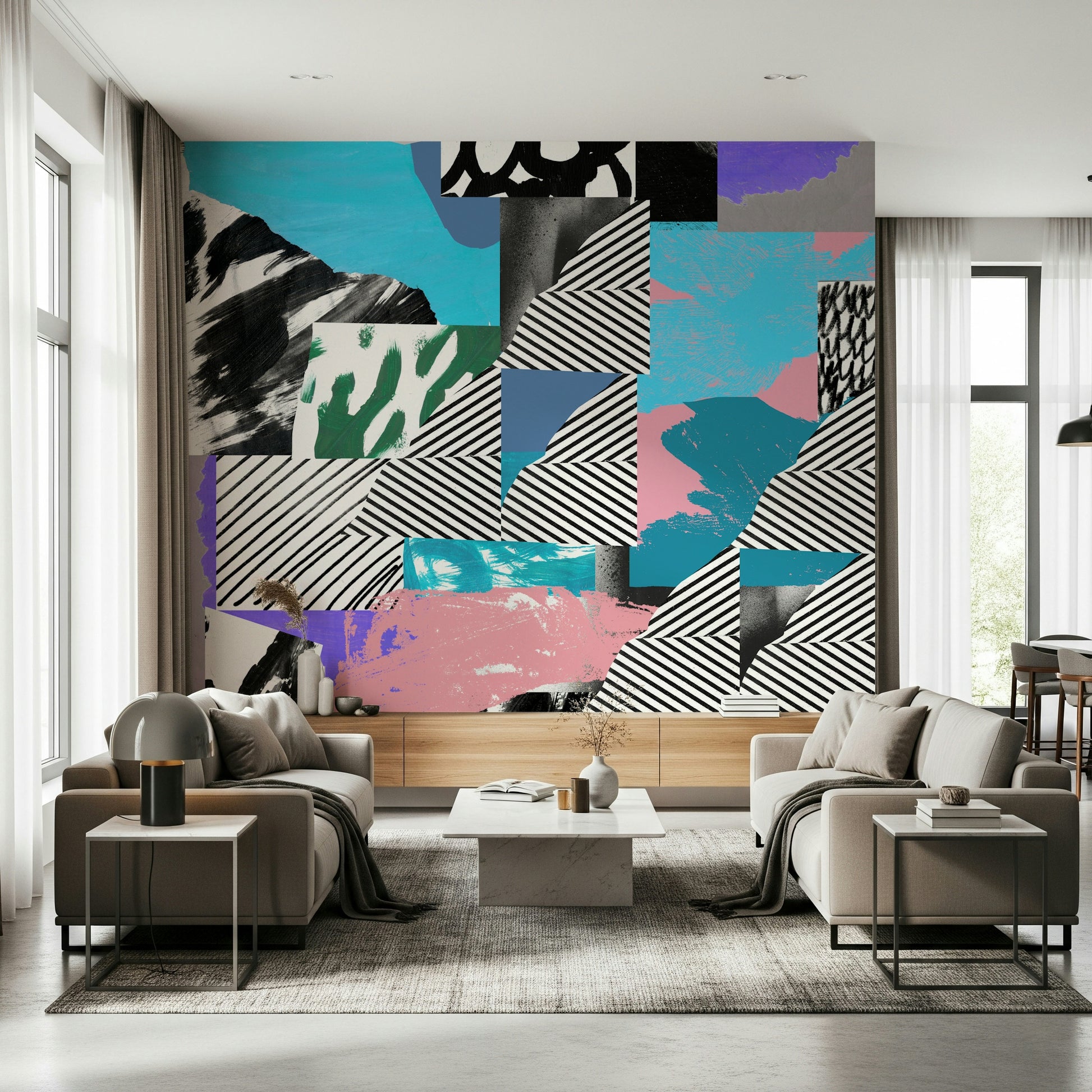 Wacky, abstract Melting Strips Wall Mural collage, quite bizarre.