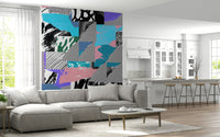 Fantastical Melting Strips Wall Mural collage with peculiar pink and blue.