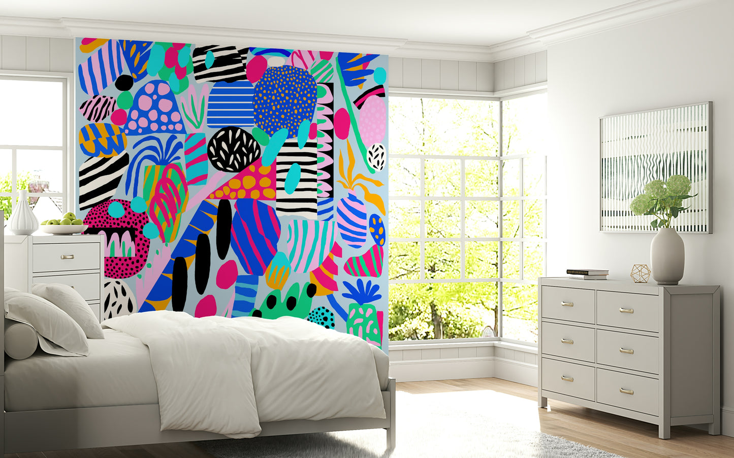 Eclectic funky blobs Party forms wall mural playful atmosphere.