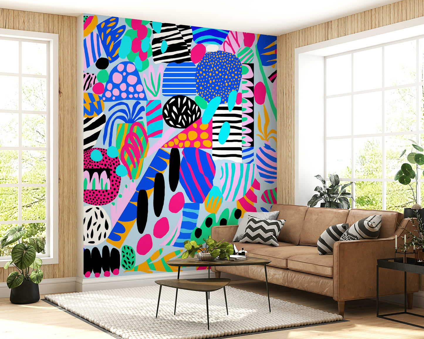 Lively confetti inspired Party forms wallpaper enthusiastic surface design.