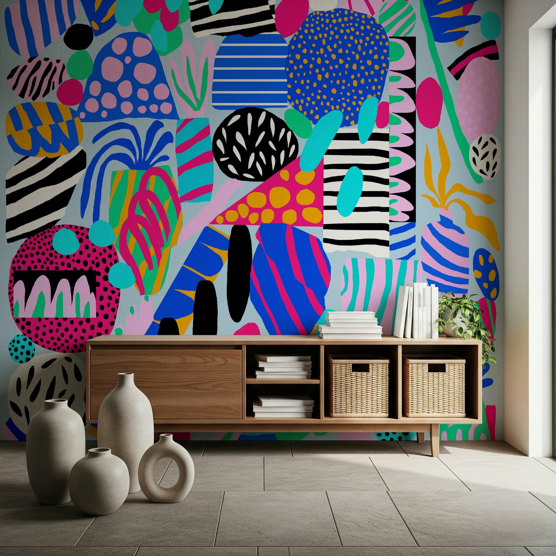 Contemporary vivid collage Party forms wall mural expressive art.