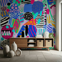 Contemporary vivid collage Party forms wall mural expressive art.