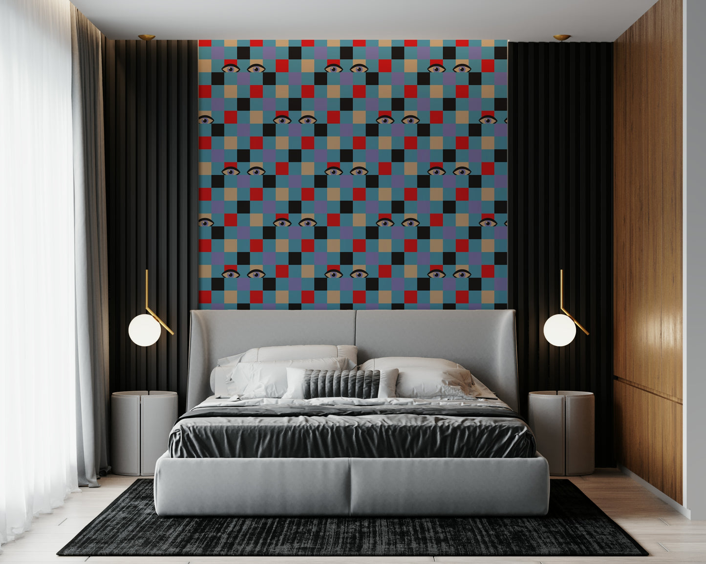 Mod style peel and stick wallpaper showcasing Peekaboo Retro Eyes Black Baby Blue.