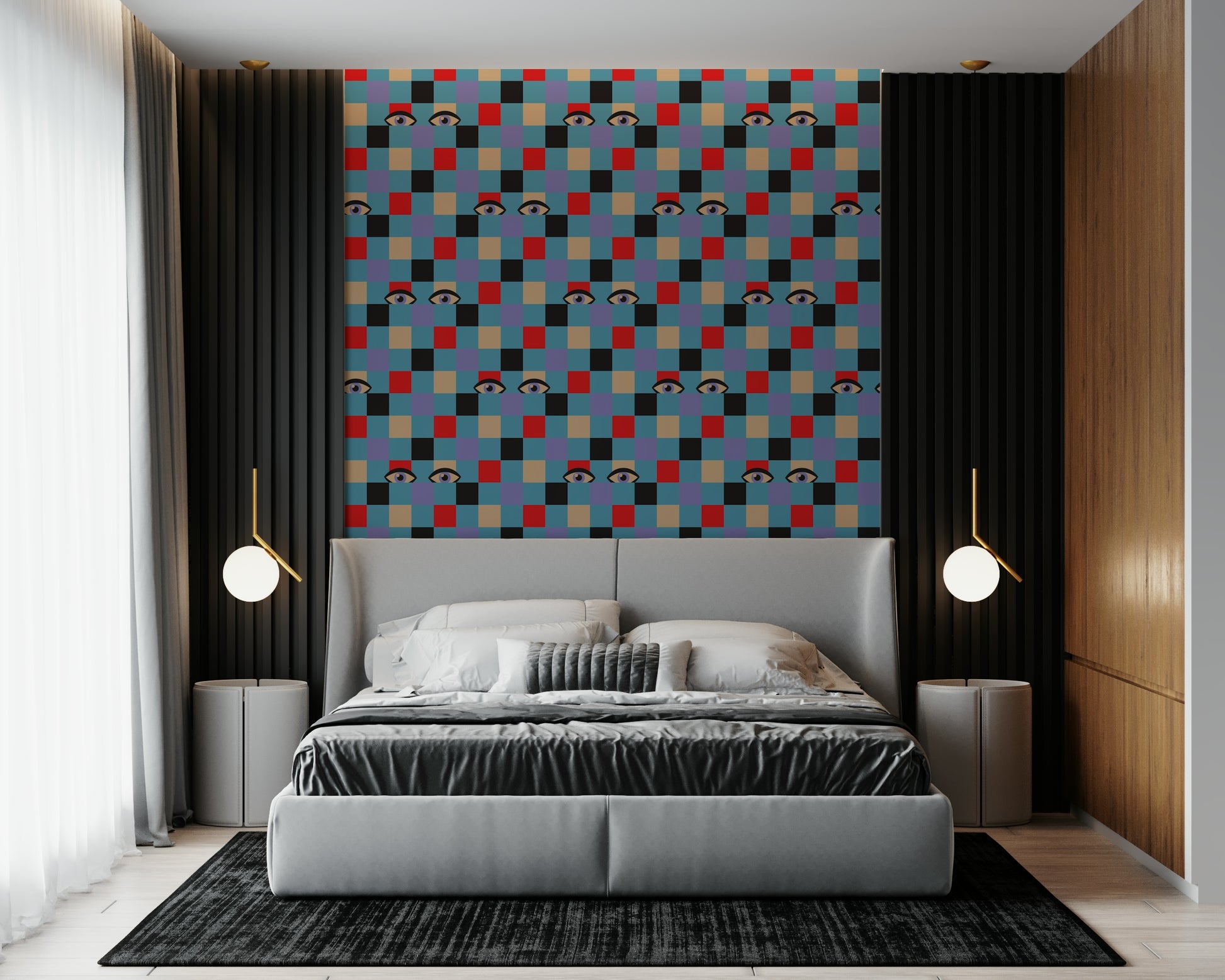 Mod style peel and stick wallpaper showcasing Peekaboo Retro Eyes Black Baby Blue.