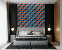 Mod style peel and stick wallpaper showcasing Peekaboo Retro Eyes Black Baby Blue.