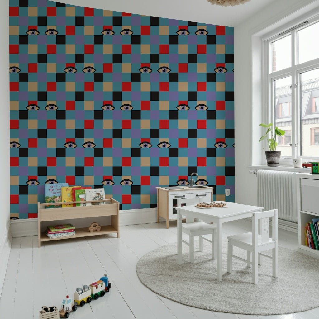 Visionary Peekaboo Retro Eyes Checkerboard Black Baby Blue artistic wallpaper.
