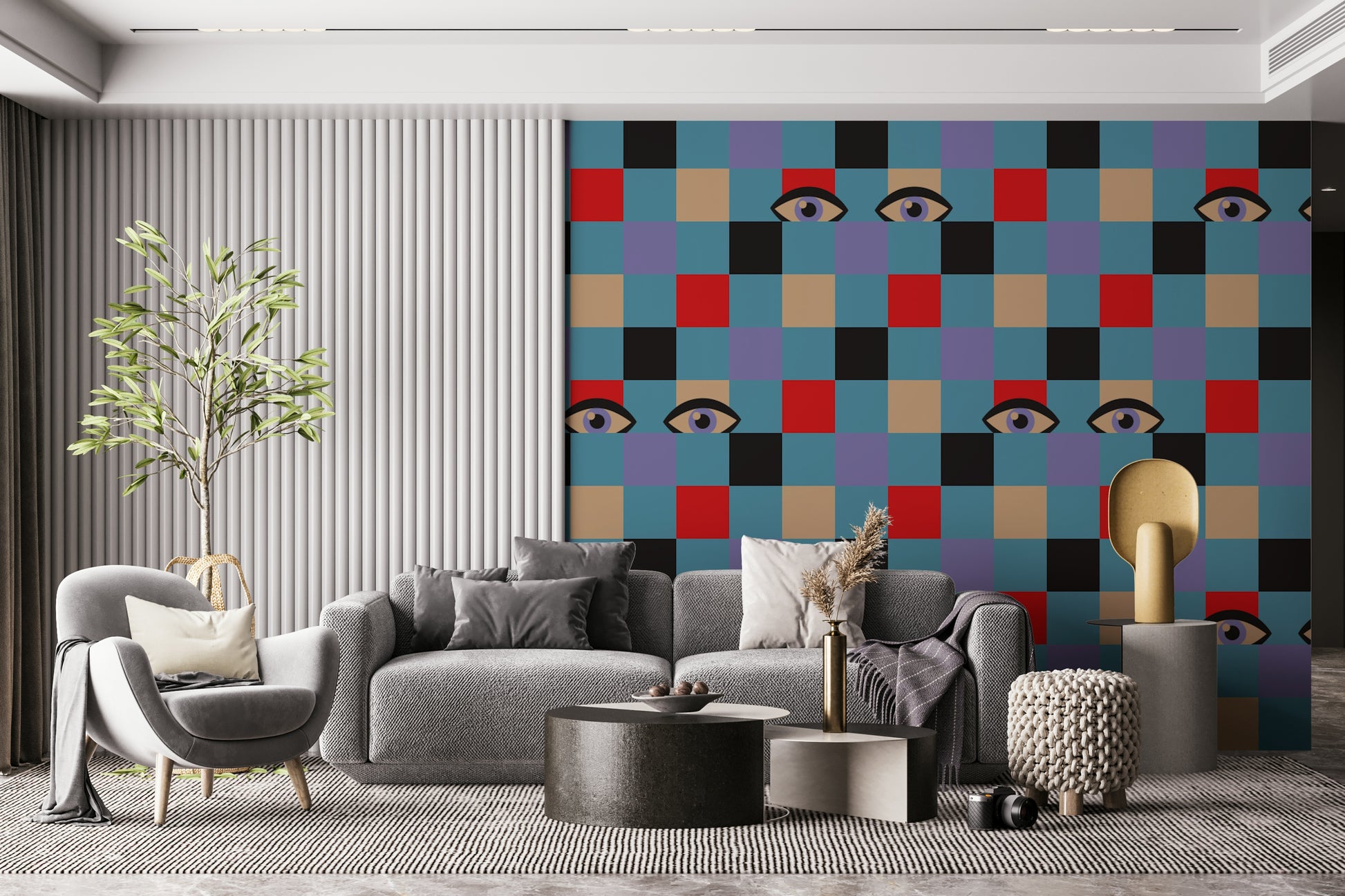 Bold checkerboard wallpaper with Peekaboo Retro Eyes Red Cream Baby Blue theme.