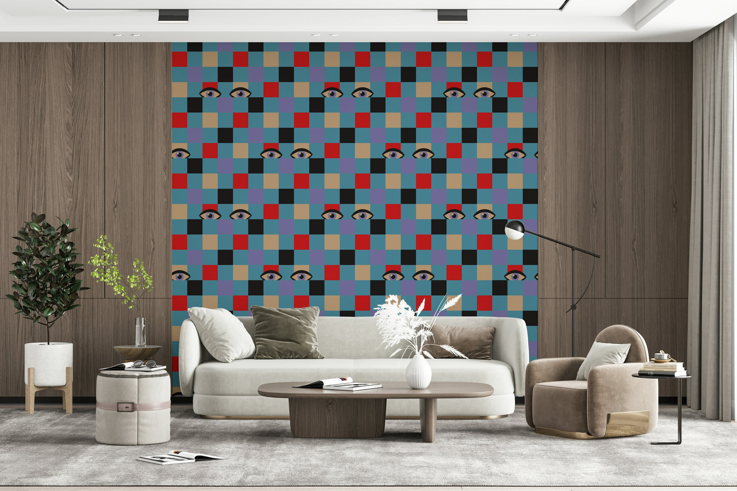 Retro gaze wallpaper with Peekaboo Retro Eyes Checkerboard Red Cream pattern.
