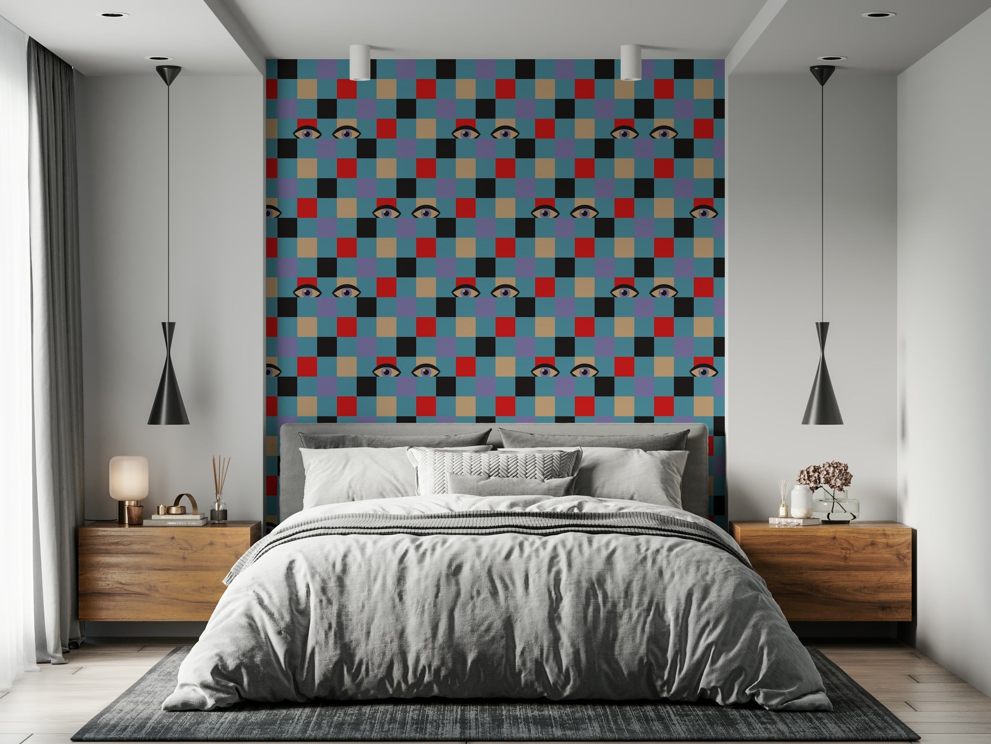 Cool Peekaboo Retro Eyes Checkerboard Black Baby Blue wall mural statement.