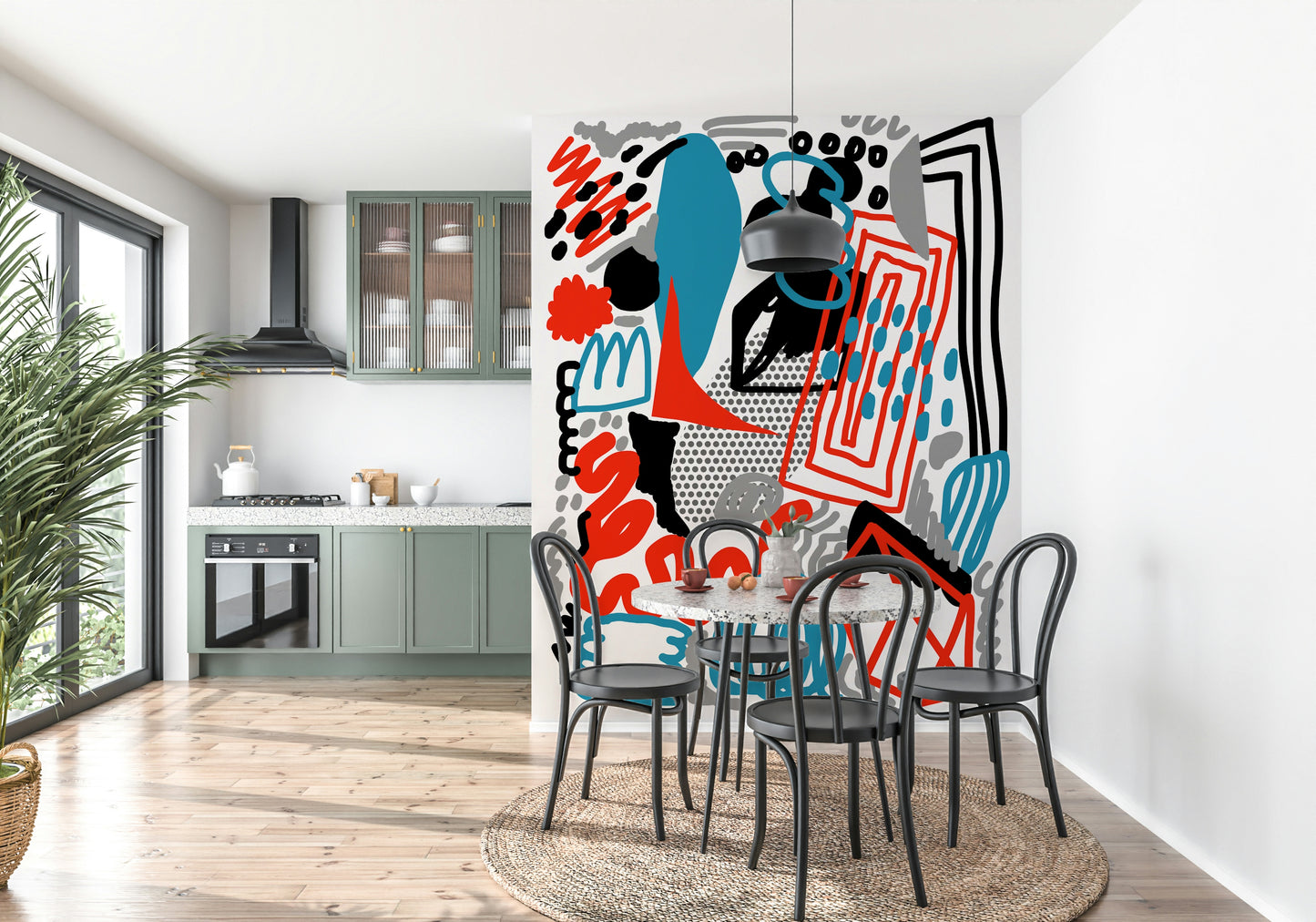 Energetic Drawing Flow wall mural showcasing free-form lines and shapes.