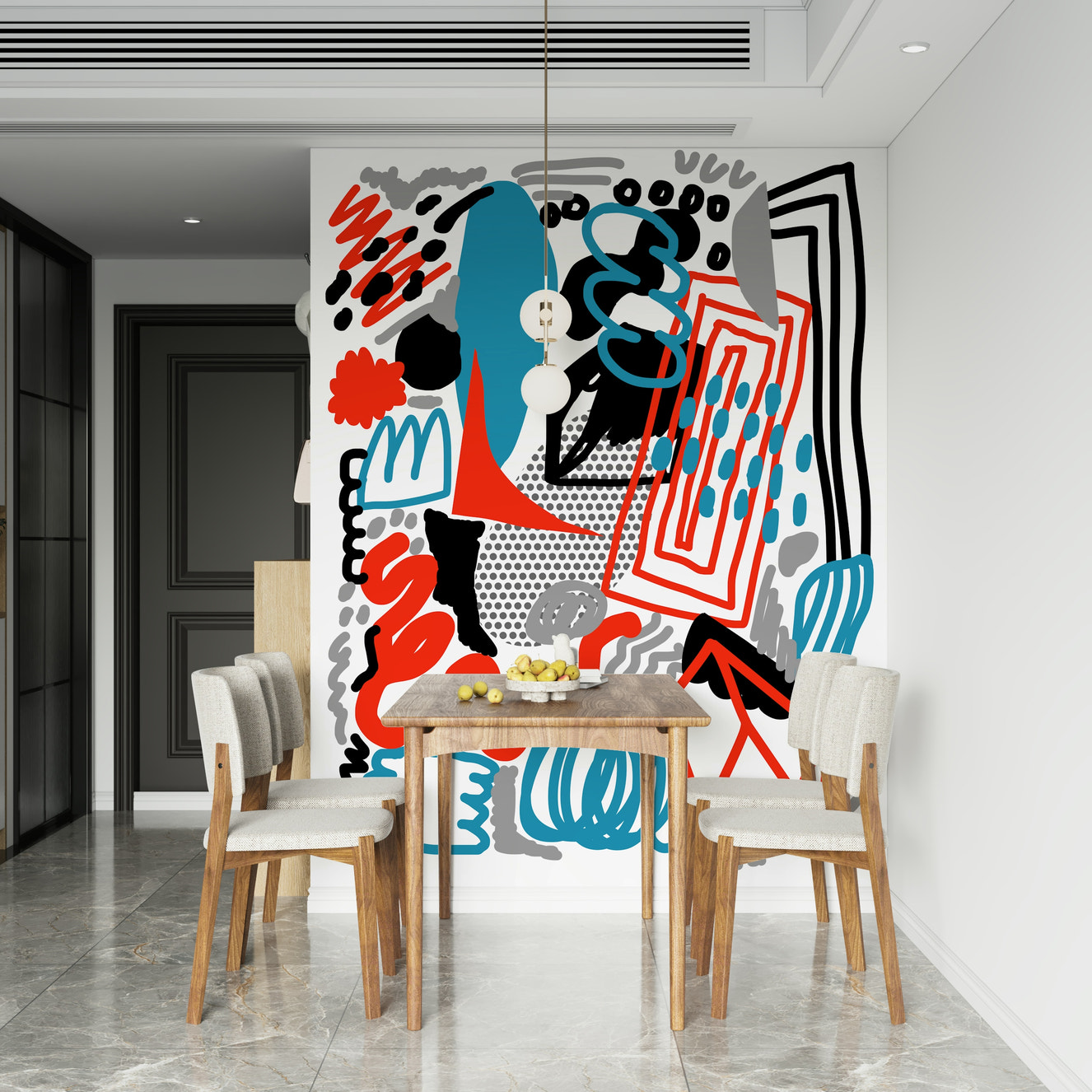 Dynamic Drawing Flow wallpaper mural featuring bold red and blue strokes.