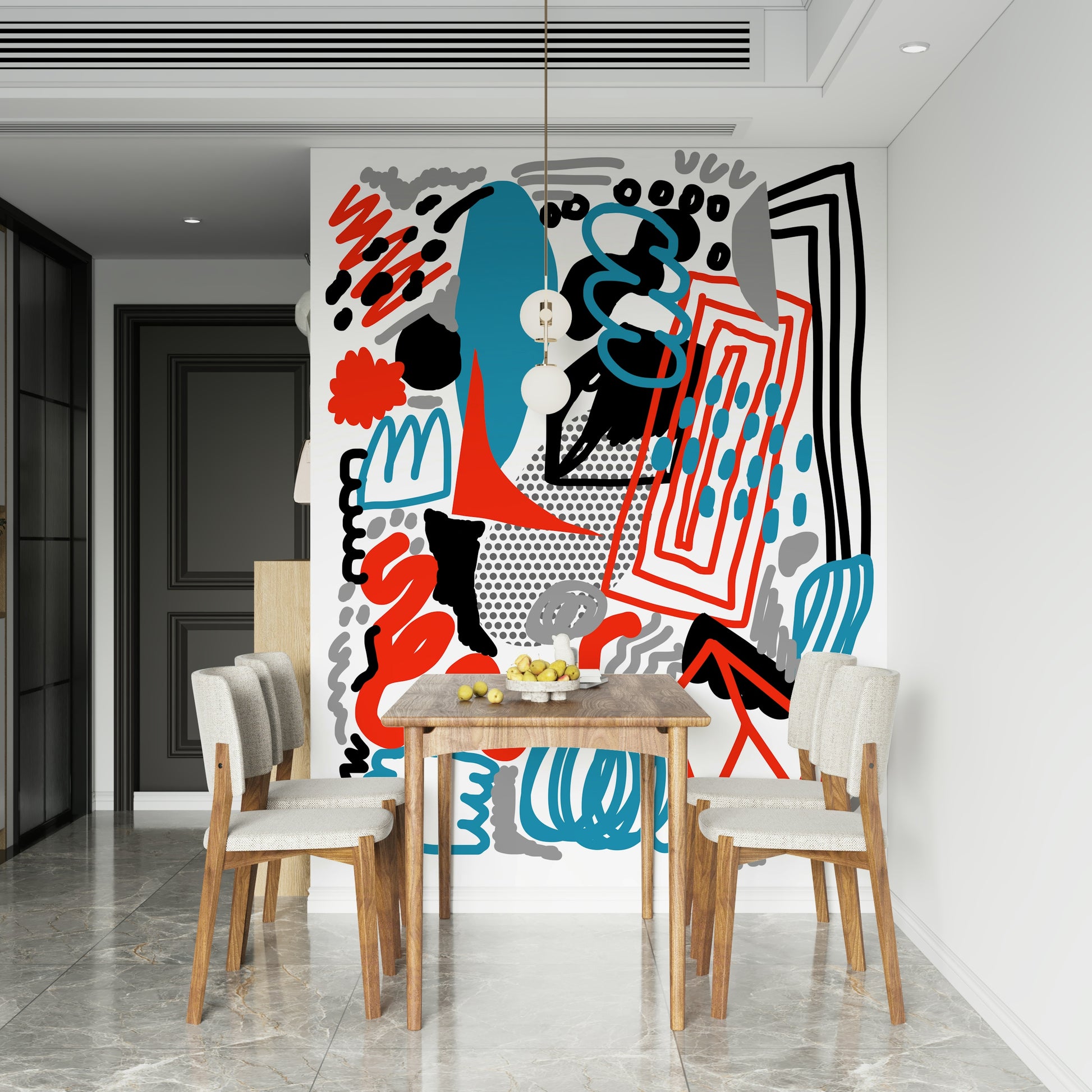 Dynamic Drawing Flow wallpaper mural featuring bold red and blue strokes.