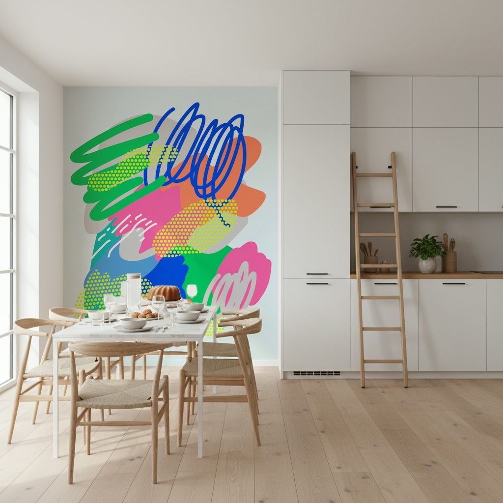 Colorful Wonders wallpaper showcasing vibrant neon green shapes and orange splashes.