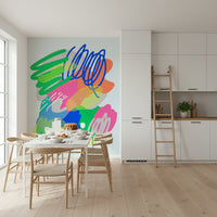 Colorful Wonders wallpaper showcasing vibrant neon green shapes and orange splashes.