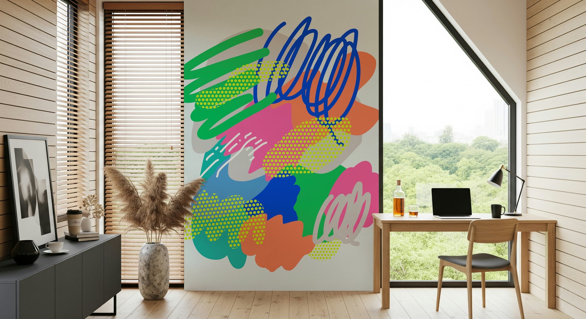 Eclectic Wonders wall mural displaying energetic yellow dots and grey lines.