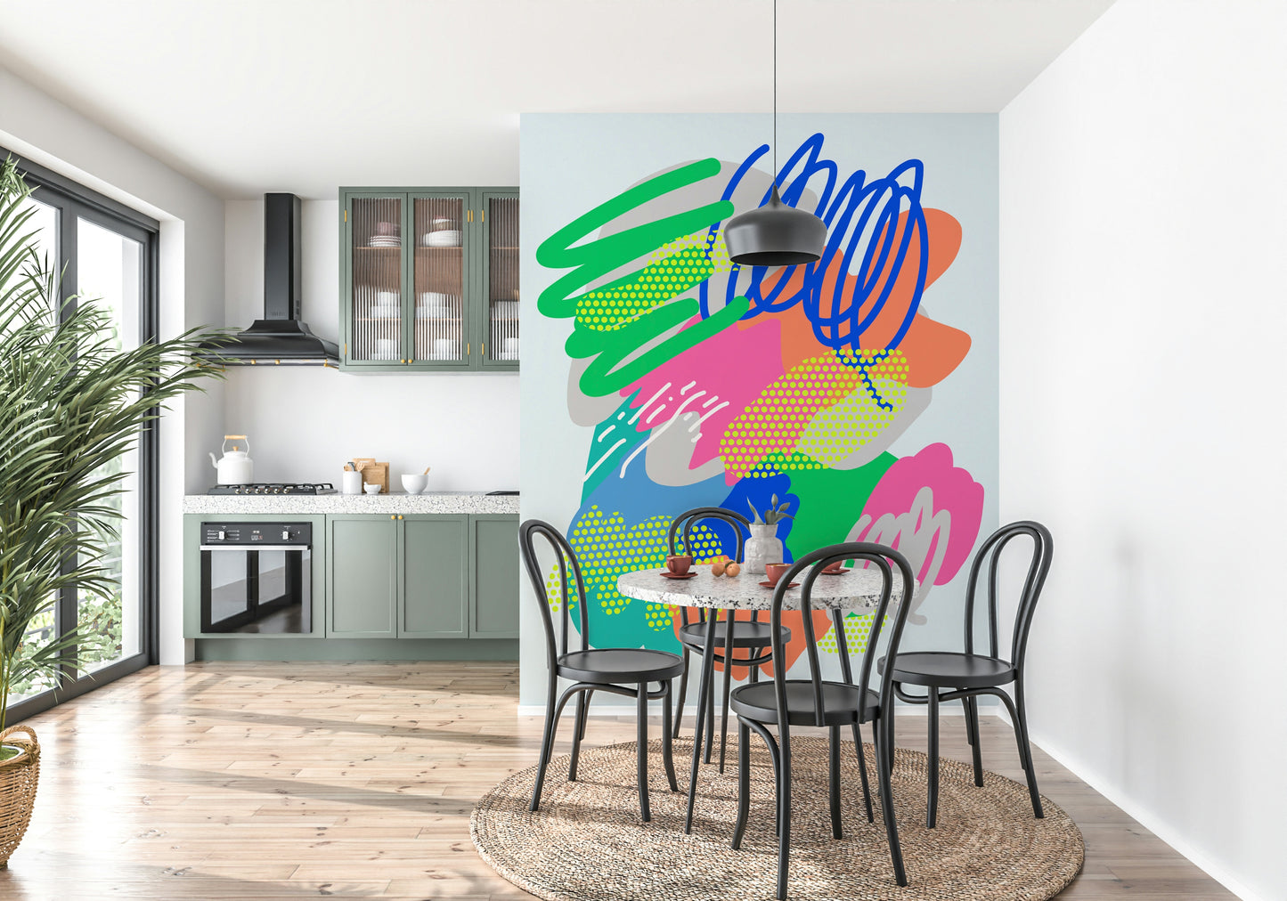 Abstract Wonders wallpaper mural featuring playful blue scribbles and pink blobs.