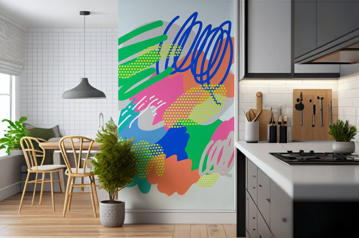 Cheerful Wonders wall mural featuring overlapping collage aesthetics and vivid tones.
