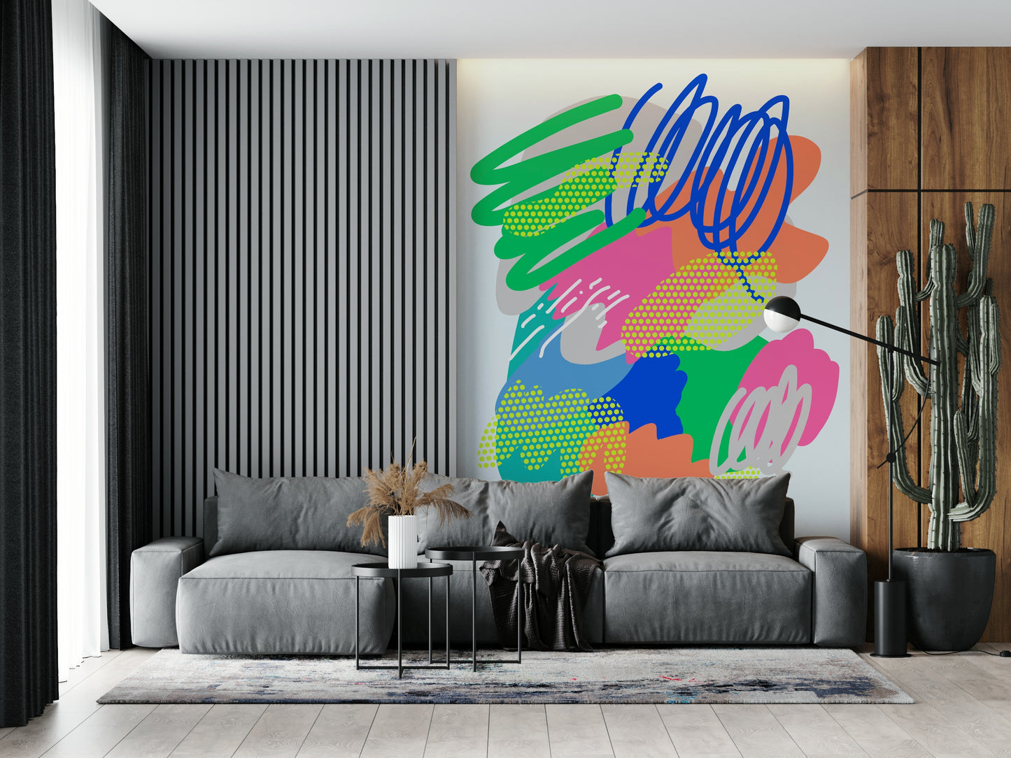 Graphic Wonders wallpaper mural highlighting electric hues and freeform artistic textures.