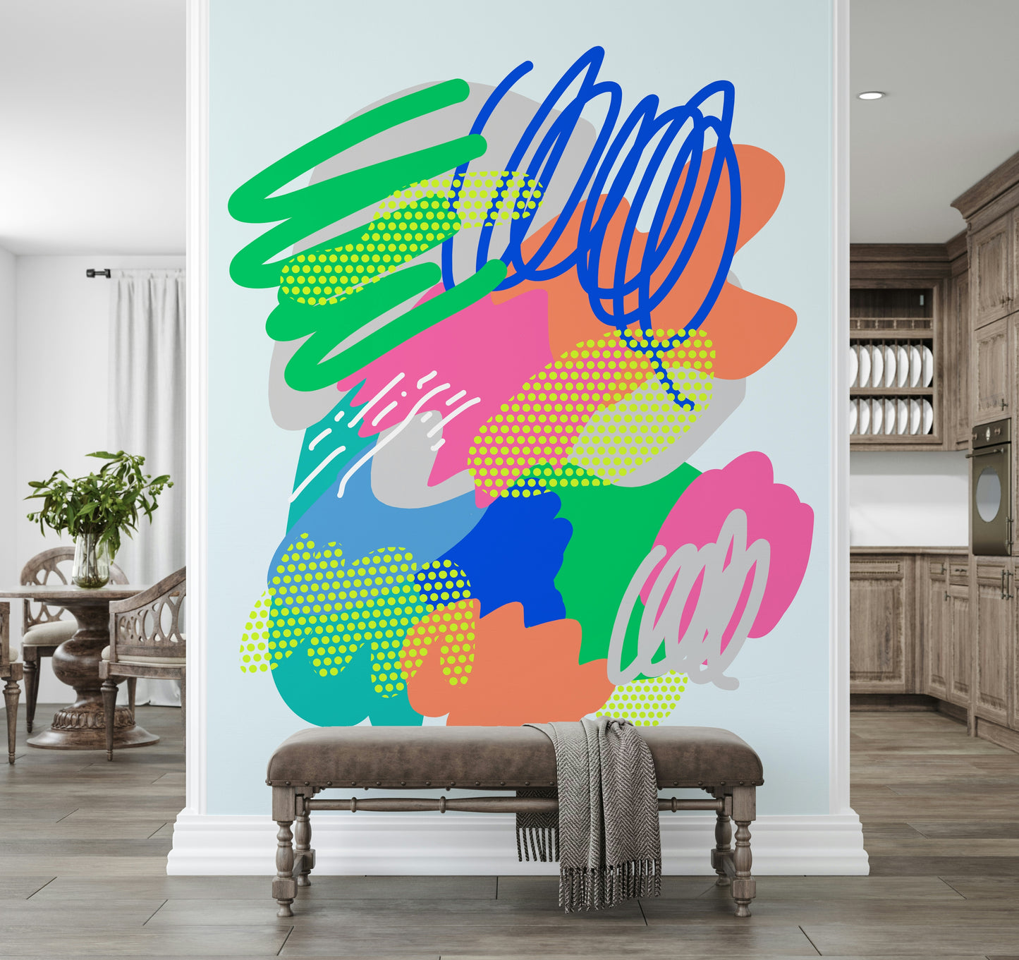 Funky Wonders wallpaper design with retro 80s inspired graphic elements.