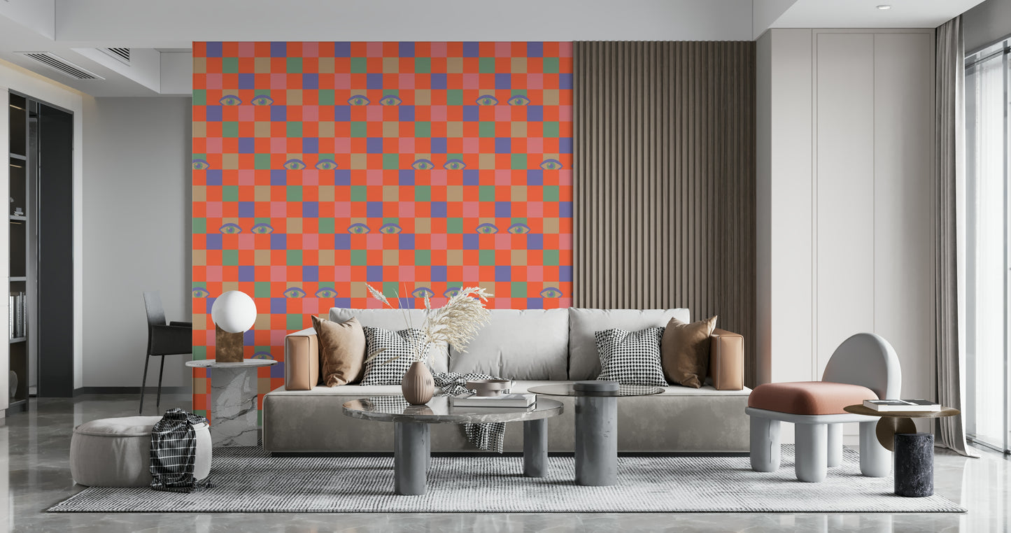 Vintage pop art wallpaper mural displaying Peekaboo Retro Eyes Checkerboard pattern.