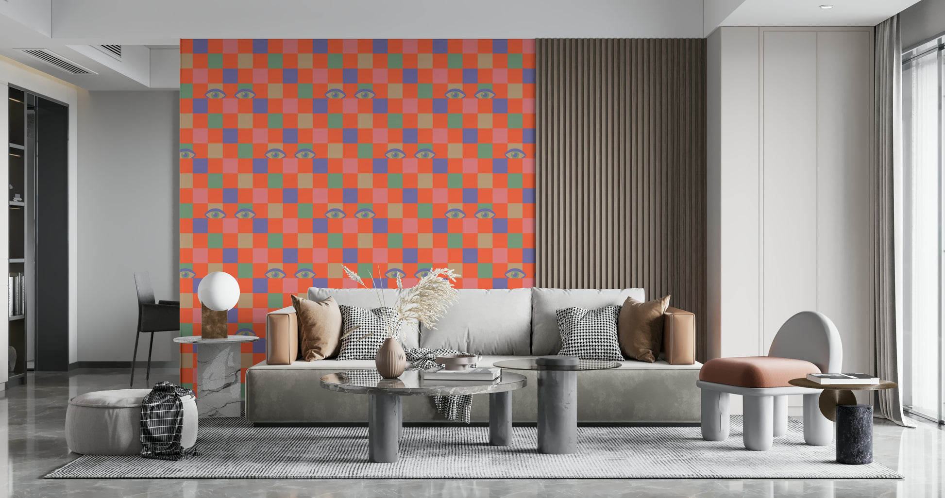 Vintage pop art wallpaper mural displaying Peekaboo Retro Eyes Checkerboard pattern.