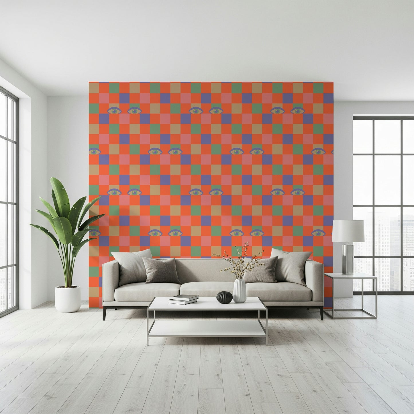 Eccentric wallpaper mural featuring Peekaboo Retro Eyes Checkerboard Pink Cream motif.