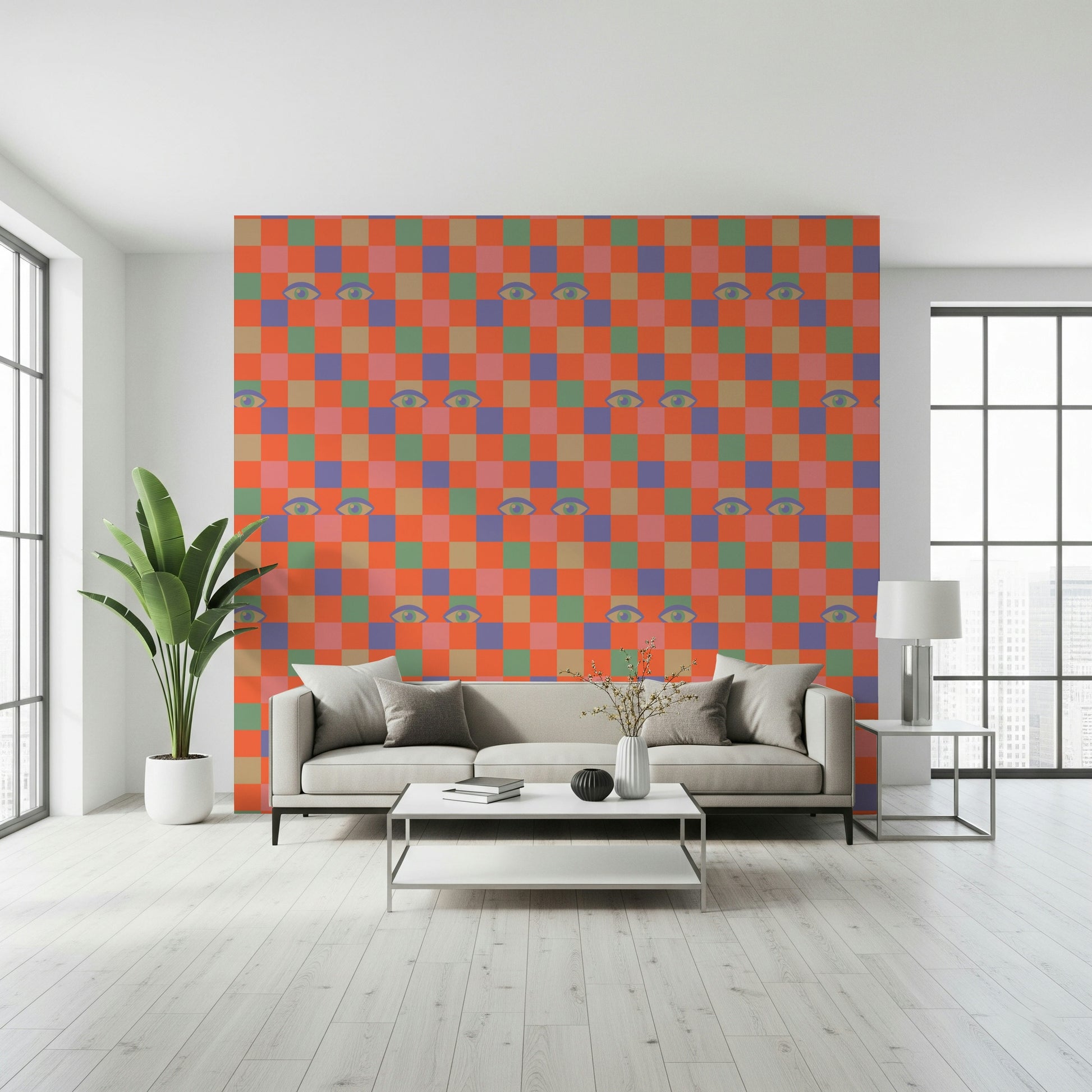 Eccentric wallpaper mural featuring Peekaboo Retro Eyes Checkerboard Pink Cream motif.