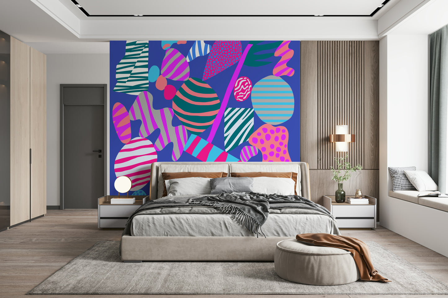 Energetic Groovy Geometry wall mural capturing 80s nostalgia through colorful asymmetric shapes.