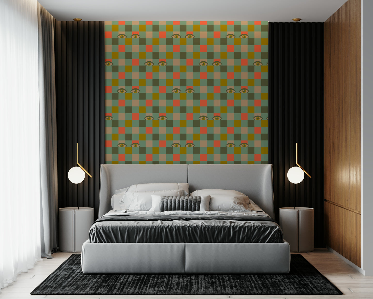 Eclectic home decor with Peekaboo Retro Eyes Checkerboard Olive Coral Mint Green wallpaper.