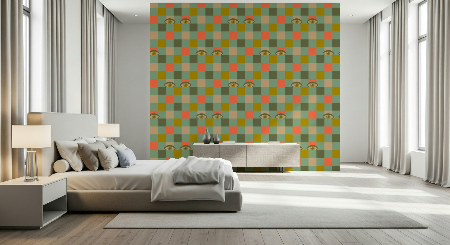 Graphic print wall mural Peekaboo Retro Eyes Checkerboard Olive Coral Mint Green style.