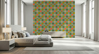 Graphic print wall mural Peekaboo Retro Eyes Checkerboard Olive Coral Mint Green style.