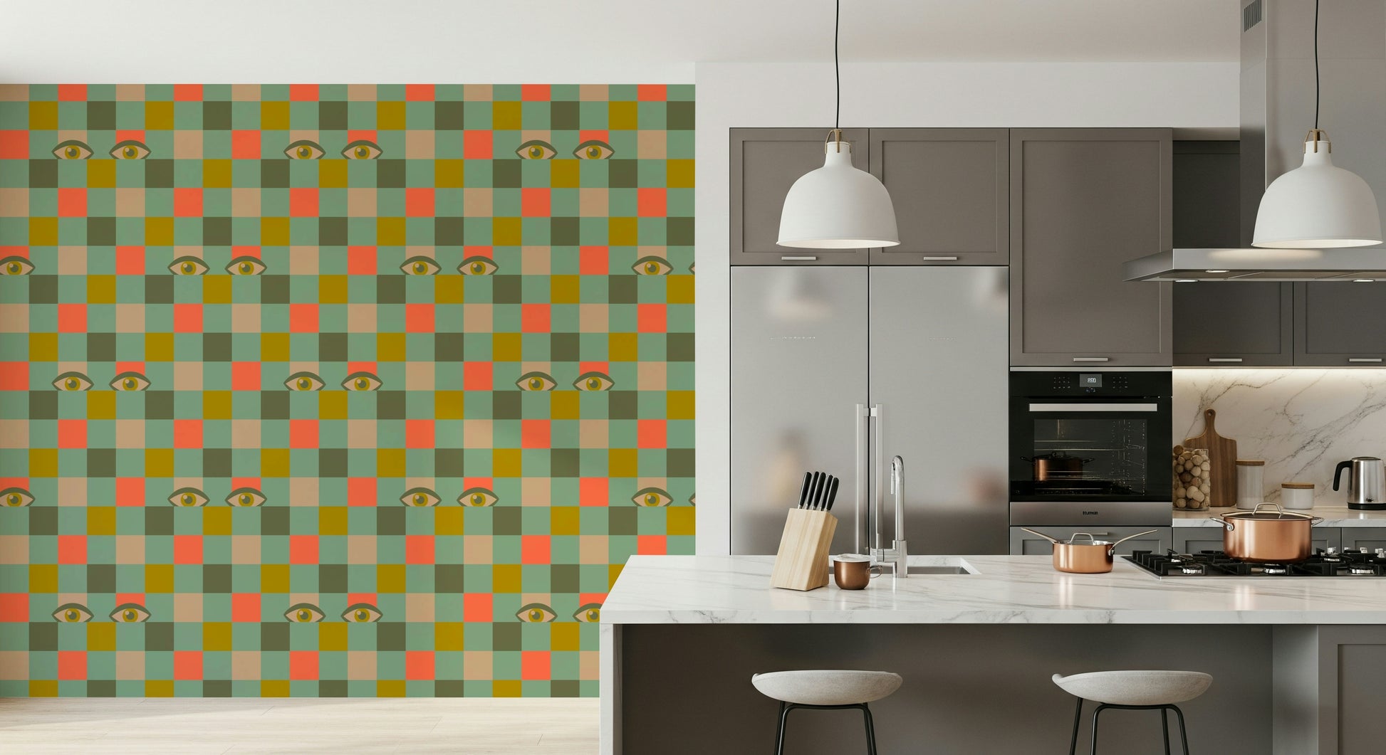 Quirky peel and stick wallpaper featuring Peekaboo Retro Eyes Checkerboard Mustard Cream pattern.