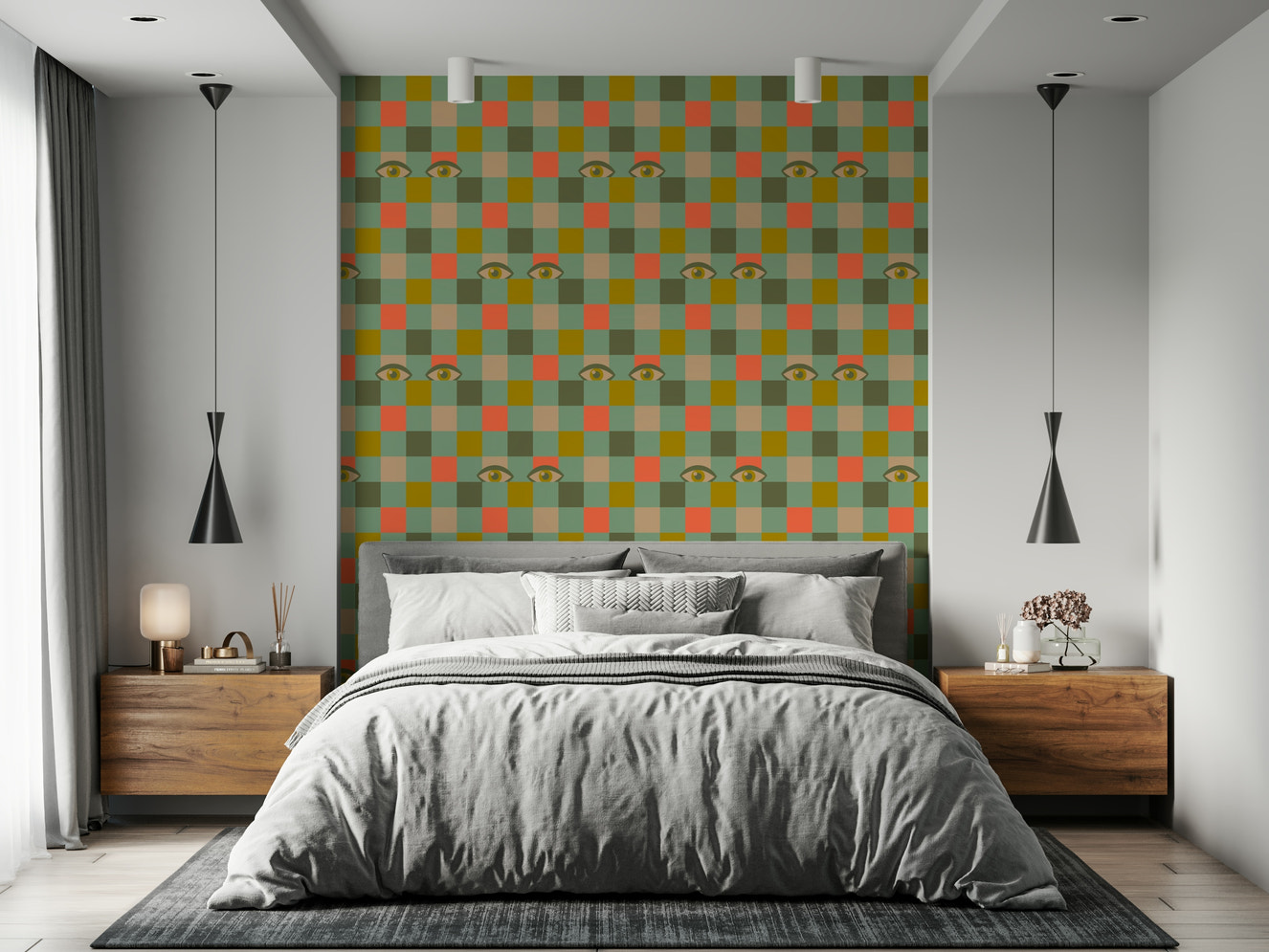 Vintage style wall mural showing Peekaboo Retro Eyes Checkerboard Olive Coral Mint Green art.