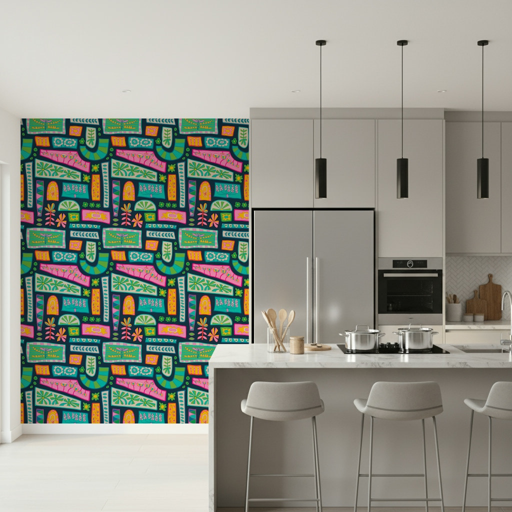 Peel and stick Flower Patches Bohemian wall mural, colorful geometric shapes.