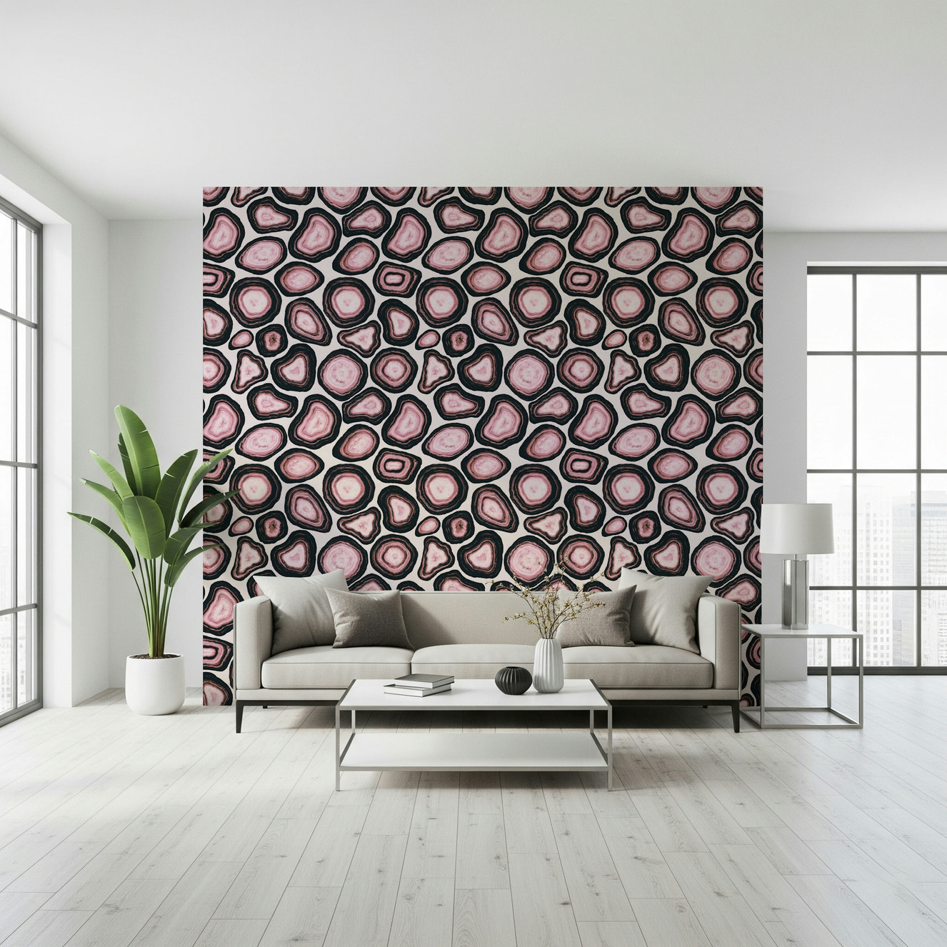 Geode Pink Agate Stone Design print, black accents, luxurious rock motif.