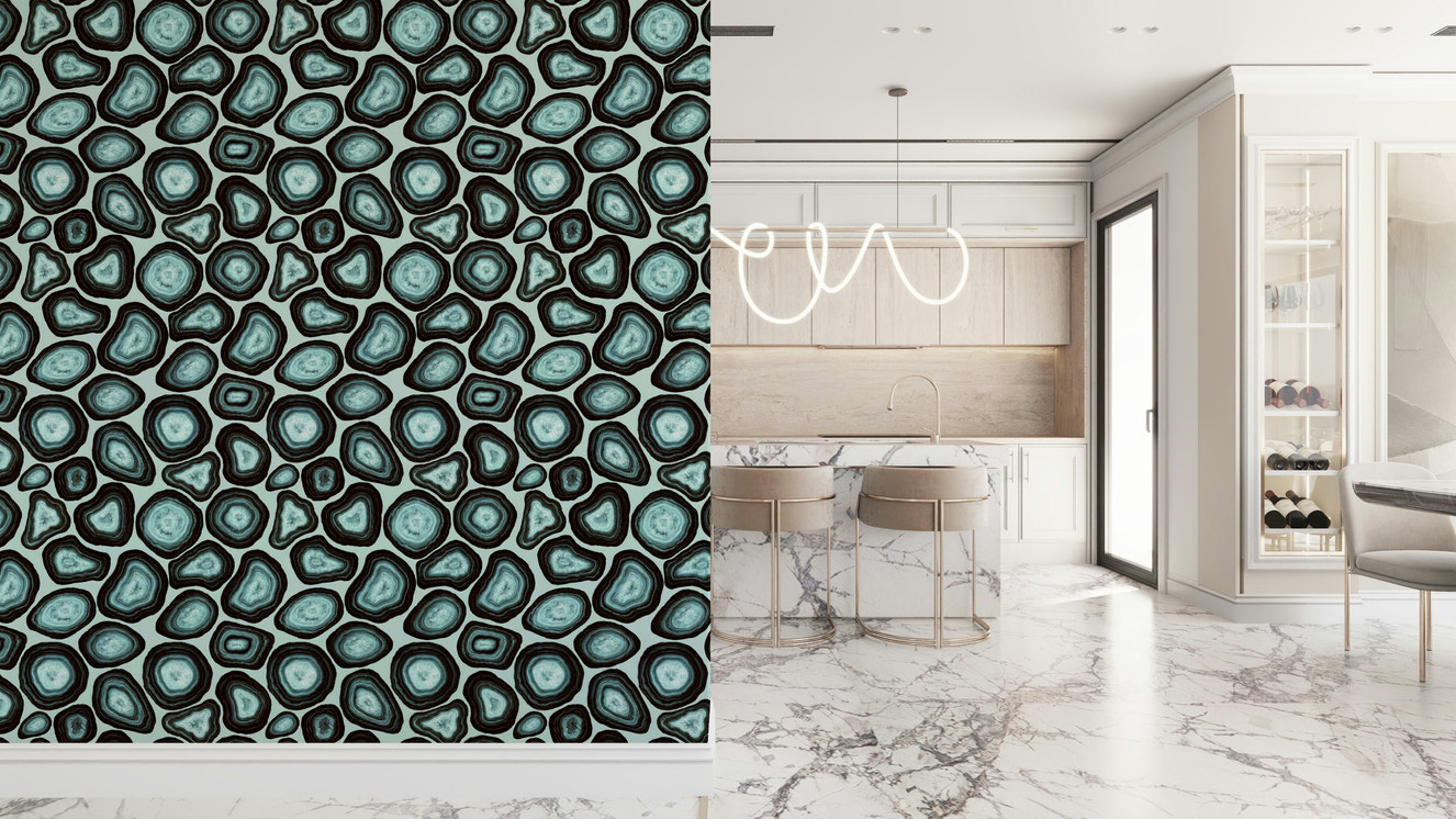 Turquoise Agate Flow wallpaper, mineral pattern, blue geode illustration.