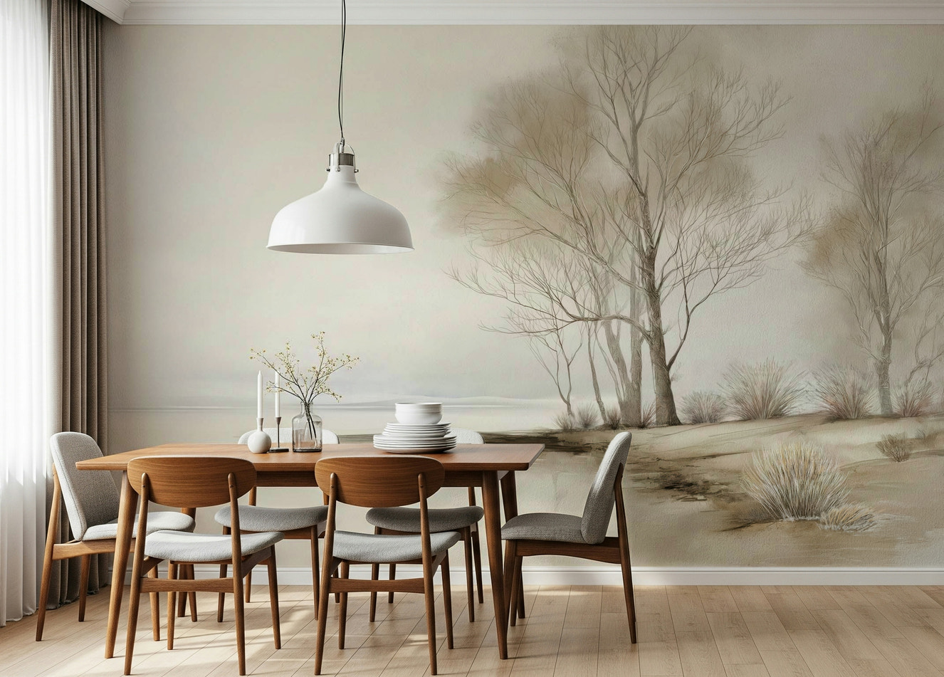 Winter Shoreline Trees Landscape wallpaper mural, neutral, misty river painting.