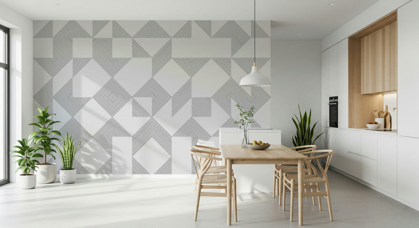 Hypnotic pattern Minimalist Line Blocks mural with concentric squares and triangles.