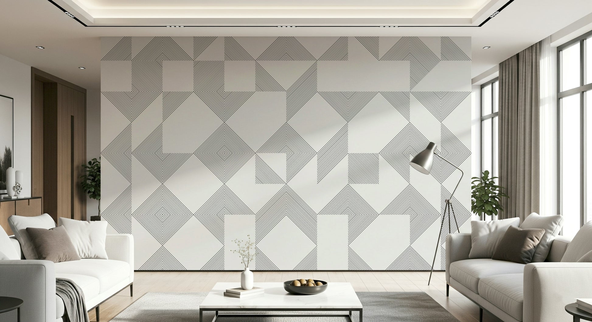 Grayscale effect Minimalist Line Blocks wallpaper creating depth through line density.