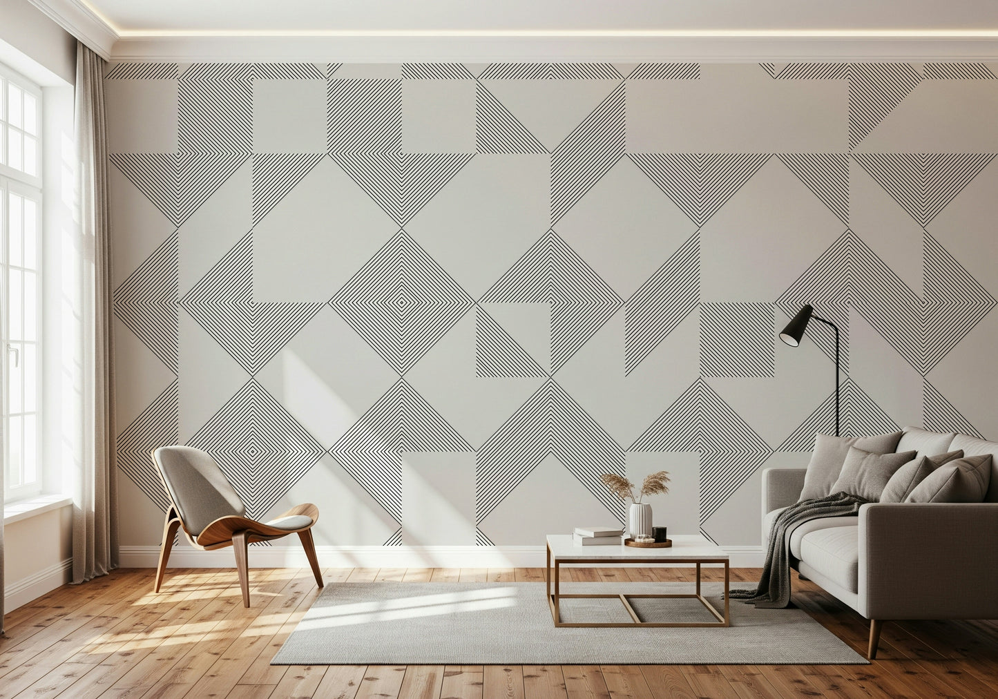 Modernist Minimalist Line Blocks wallpaper with interlocking geometric shapes.
